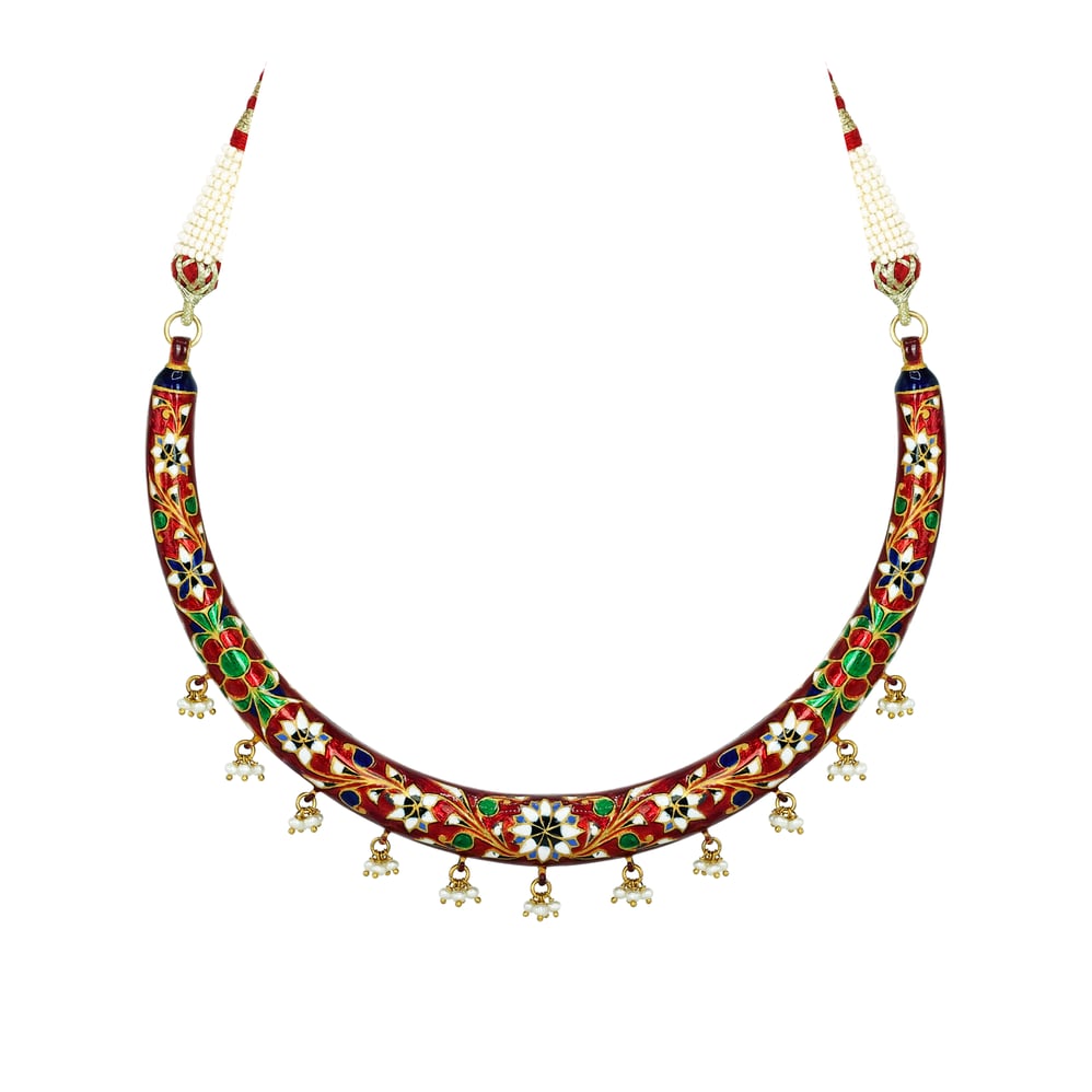 Polki Hasli Necklace Set with Red Enamel and Pearl Beads